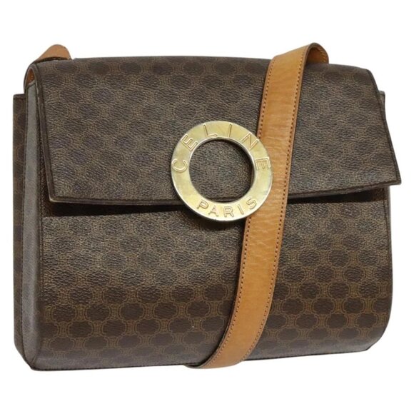 CELINE Macadam Canvas Circle Shoulder Bag PVC Leather Brown Gold Auth bs25458 - Picture 1 of 14